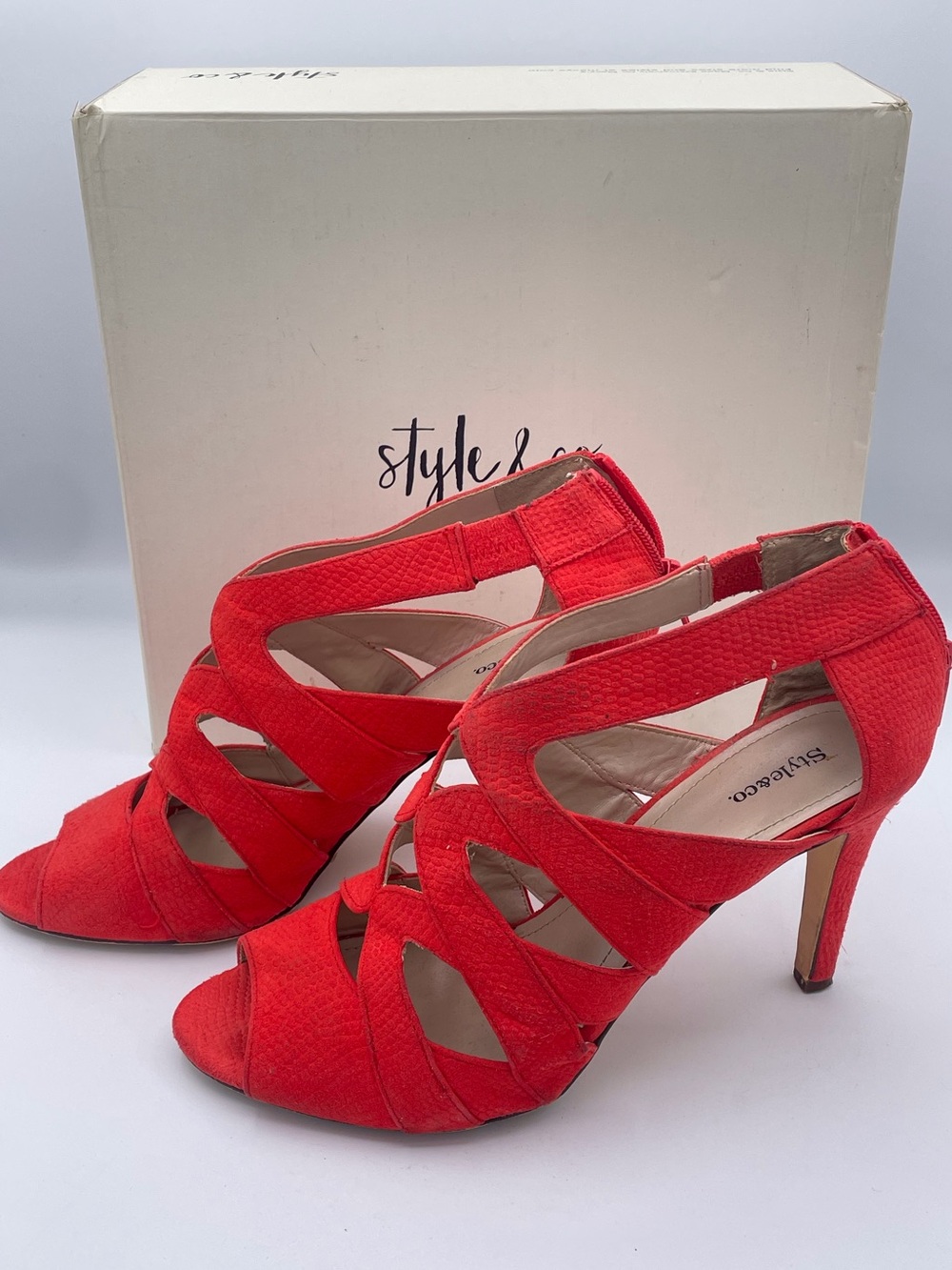 Style & Co Coral Red Strappy High Heel Sandals Peep Toe 3.5” Stilettos 7.5M